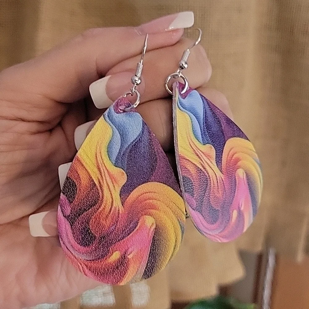 Paint Swirl Leather Drop Earrings - Picture 3 of 6